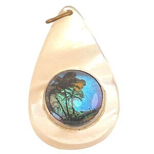 Butterfly Pendant Reverse Painted on Glass Mother of Pearl